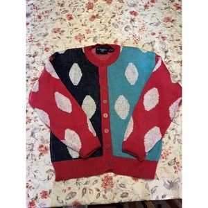 Vintage 80s Ugly Sweater Cardigan Shoulder Pads Color Block Women’s Size S (B7)